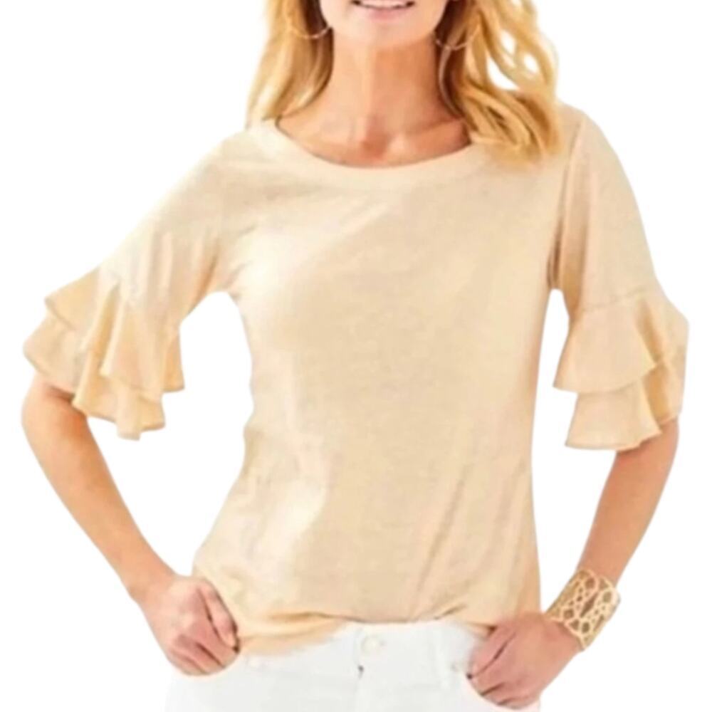 Women's Lilly Pulitzer Luna Sand Dune Linen Ruffle Sleeves Gold Shimmer Top L